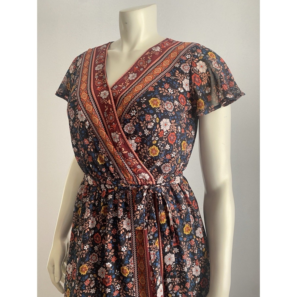 Xhilaration Dress Maxi Faux Wrap Boho/ Navy Abstract Print W/ Belt Large - Picture 7 of 9